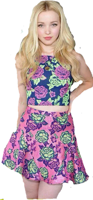 Blonde Woman Floral Outfit PNG image