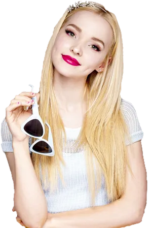 Blonde Woman Holding Sunglasses PNG image