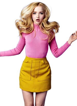 Blonde Woman Pink Sweater Yellow Skirt PNG image