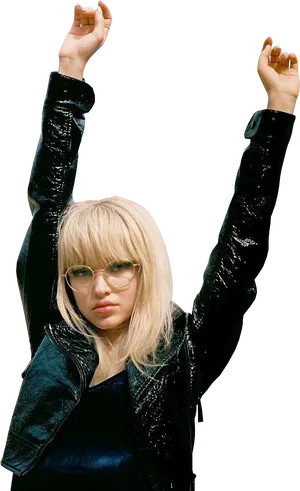 Blonde Woman Raising Arms Celebration PNG image