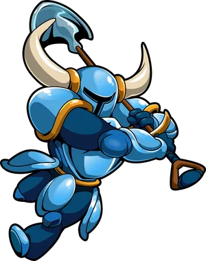 Blue Armored Character With Shovel PNG image
