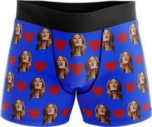 Blue Boxer Briefswith Faceand Hearts Print PNG image