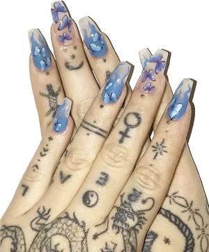Blue Feather Nail Art Tattooed Hands PNG