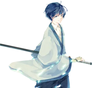 Blue Haired Anime Boy With Sword PNG