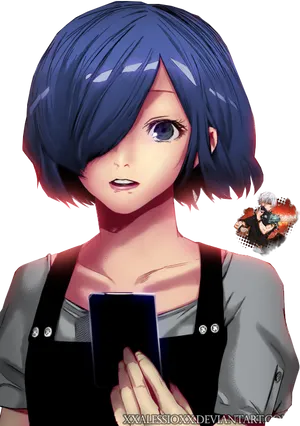 Blue Haired Anime Girlwith Phone PNG image