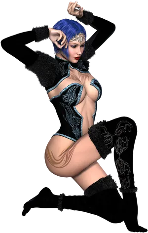 Blue Haired Fantasy Figure Pose PNG