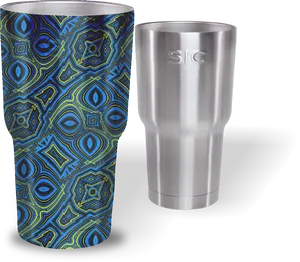 Blue Patternedand Stainless Steel Tumblers PNG image