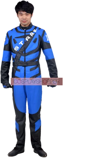 Blue Racing Suit Cosplay Man Standing PNG image