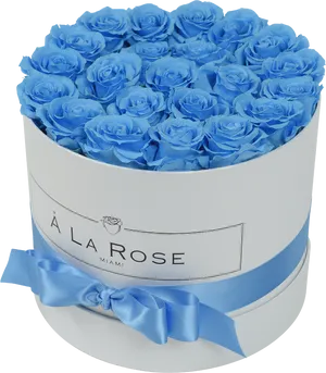 Blue Rosesin White Round Boxwith Ribbon PNG image