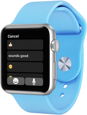 Blue Smartwatch Displaying Text Responses PNG image