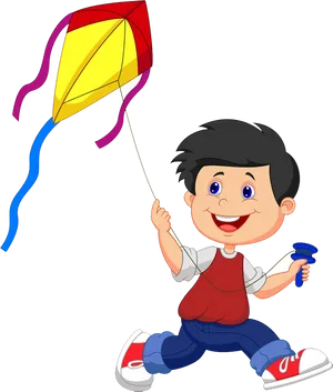 Boy Flying Kite Cartoon PNG