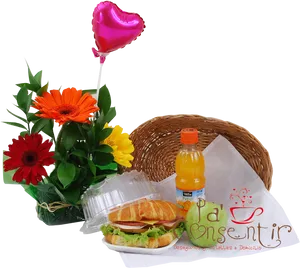 Breakfast Gift Basketwith Flowersand Balloon PNG image