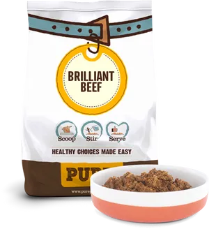 Brilliant Beef Dog Food Packagingand Bowl PNG image