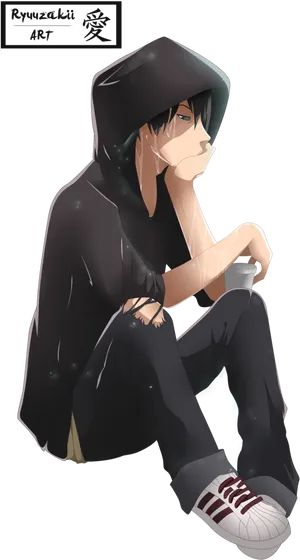 Brooding Anime Boy Art PNG image