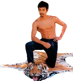 Bruce Lee Poseon Tiger Skin Rug PNG image