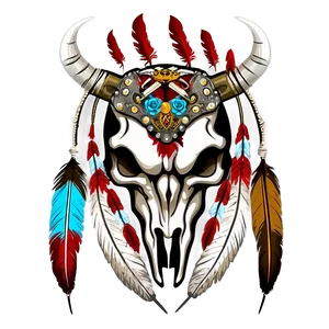 Bull Skull With Eagle Feathers PNG 13