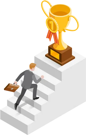 Businessman Climbing Stairs Towards Trophy PNG image