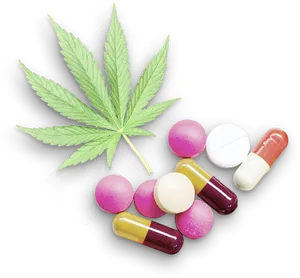 Cannabis Leafand Variety Pills Graphic PNG image