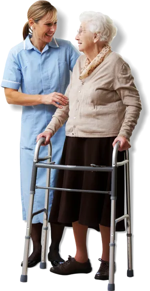 Caring Nurse Assisting Elderly Woman With Walker PNG image