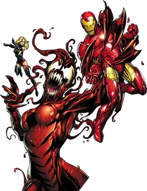 Carnage_with_ Iron_ Man_and_ Ms_ Marvel PNG image