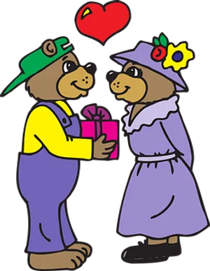 Cartoon Bears Sharing Gift Love Heart