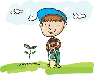Cartoon Boy Planting Tree