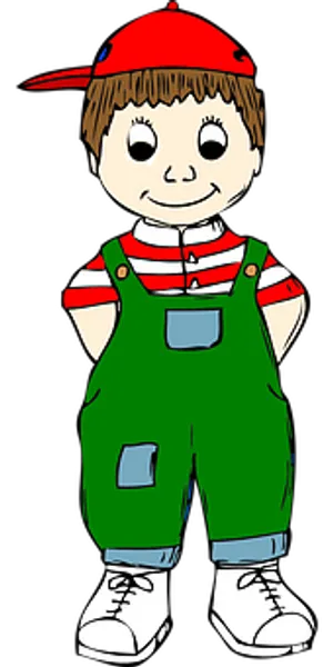 Cartoon Boyin Red Capand Green Overalls PNG image