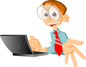 Cartoon Businessman Using Laptop