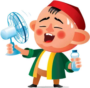 Cartoon Child Beating Heatwith Fanand Water PNG image