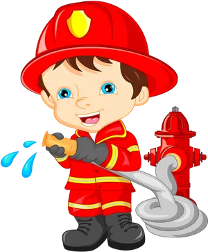 Cartoon Child Firefighter Holding Hose PNG image