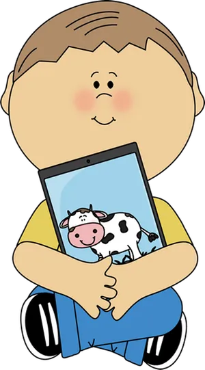 Cartoon Child Holding Tablet PNG