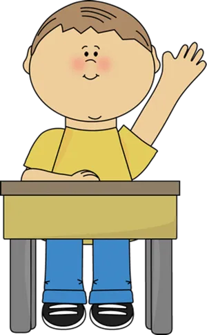 Cartoon Child Raising Handat Desk PNG image