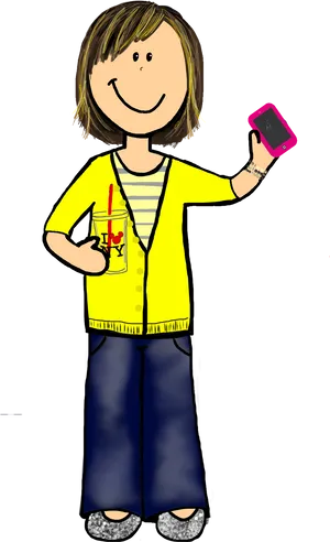 Cartoon Childwith Phoneand Drink PNG