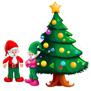 Cartoon Christmas Tree With Elves PNG Bjl PNG