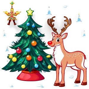 Cartoon Christmas Tree With Reindeer PNG 37