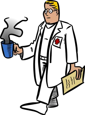 Cartoon Doctor Holding Steaming Cup PNG image