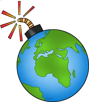 Cartoon Earth With Lit Fuse Bomb Clipart PNG image