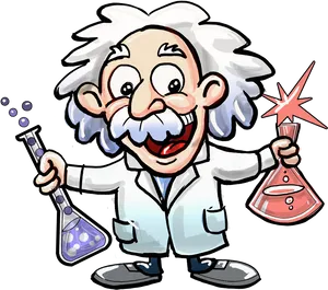 Cartoon Einsteinwith Flasks PNG