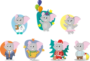 Cartoon Elephantsin Various Outfits