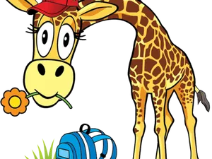 Cartoon Giraffe With Flowerand Backpack