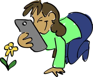 Cartoon Girl Photographing Flower
