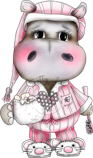 Cartoon Hippoin Pajamas Holding Mug PNG image