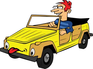 Cartoon Man Driving Yellow Car PNG image