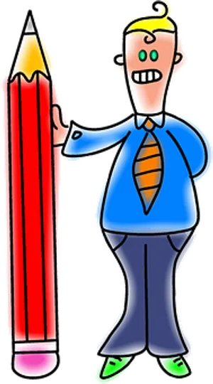Cartoon Man Holding Giant Pencil