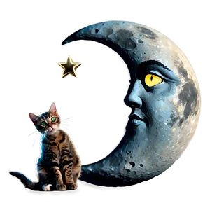 "cartoon Moon And Cat PNG" C