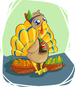 Cartoon Turkey With Harvest Basket