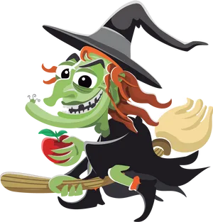 Cartoon Witchon Broomstickwith Apple