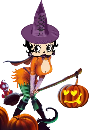 Cartoon Witchwith Broomand Pumpkins