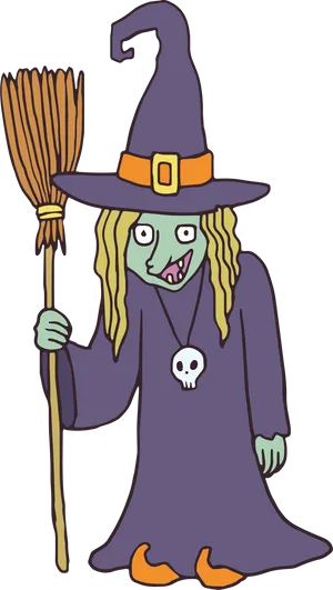 Cartoon Witchwith Broomand Skull Accessory PNG image