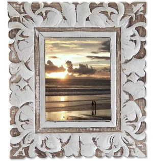Carved Wooden Frame Sunset Beach View PNG image
